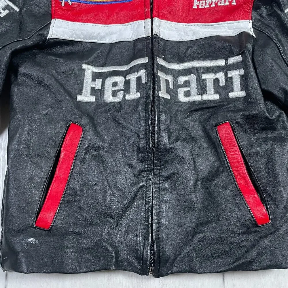 Ferrari Kids Size 4 Racing Leather Jacket Vintage Style Black Red Racing F1